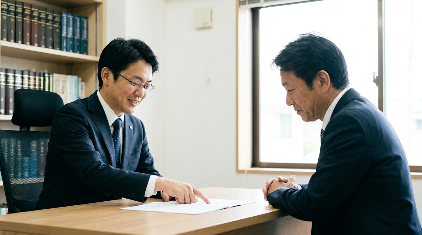司法書士がクライアントに債権者保護手続きについて説明している様子。専門家への相談の重要性を示唆している。