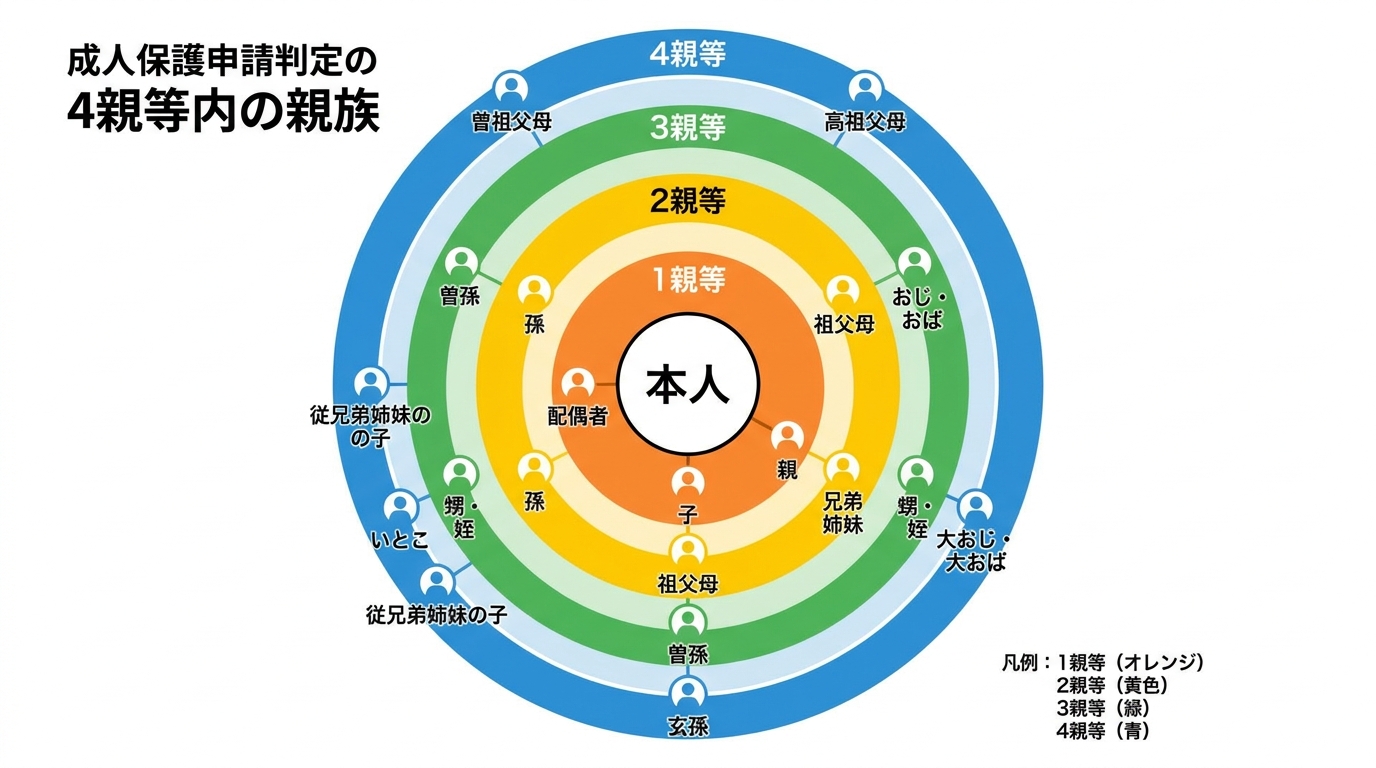 成年後見の申立権者である4親等内の親族の範囲を示した家系図。本人を中心に、子、親、兄弟姉妹、いとこなどの関係性が図解されている。