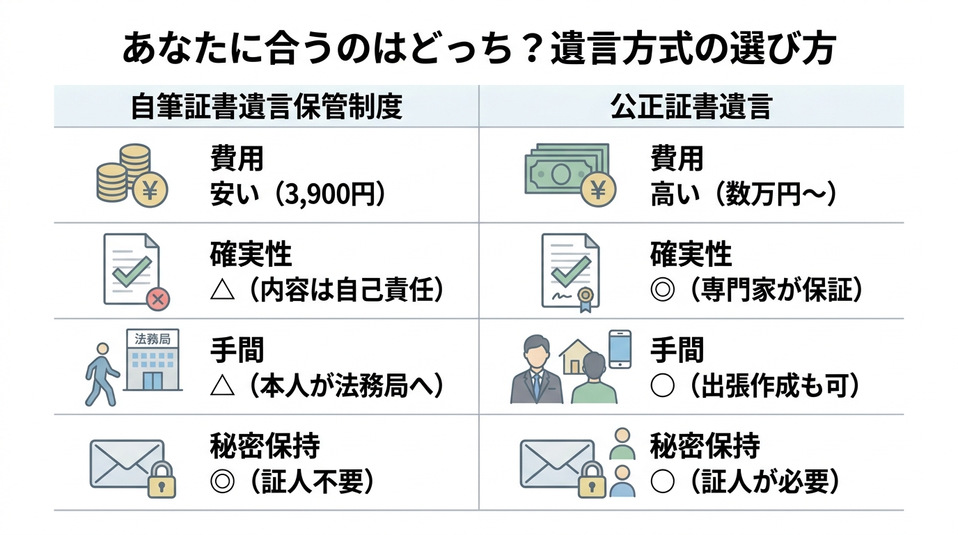 自筆証書遺言保管制度と公正証書遺言の比較表。費用、確実性、手間、秘密保持の4つの観点から、それぞれのメリット・デメリットを分かりやすくまとめている。