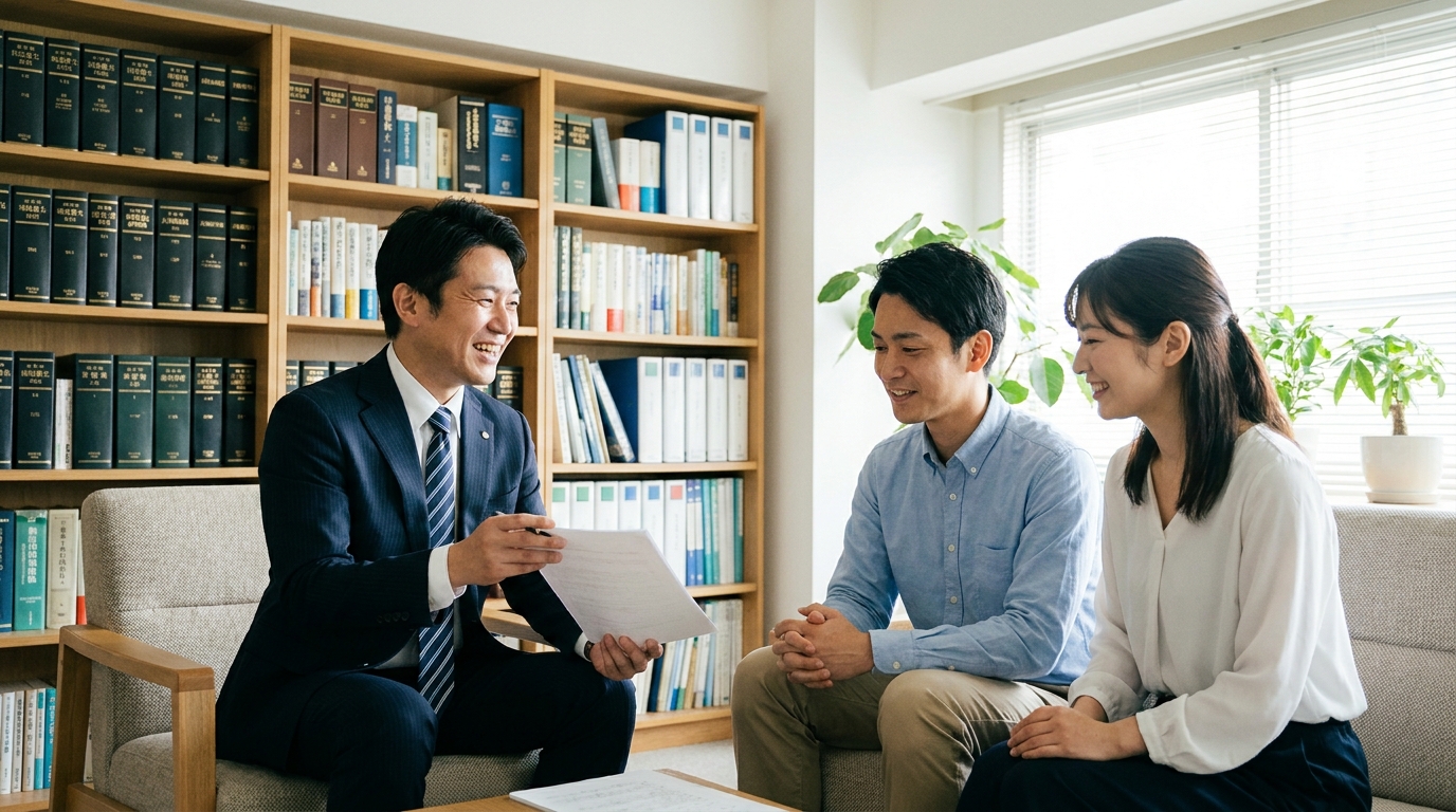 司法書士が相談者の悩みに耳を傾け、安心感を与えている相談風景。専門家への相談メリットを象徴している。