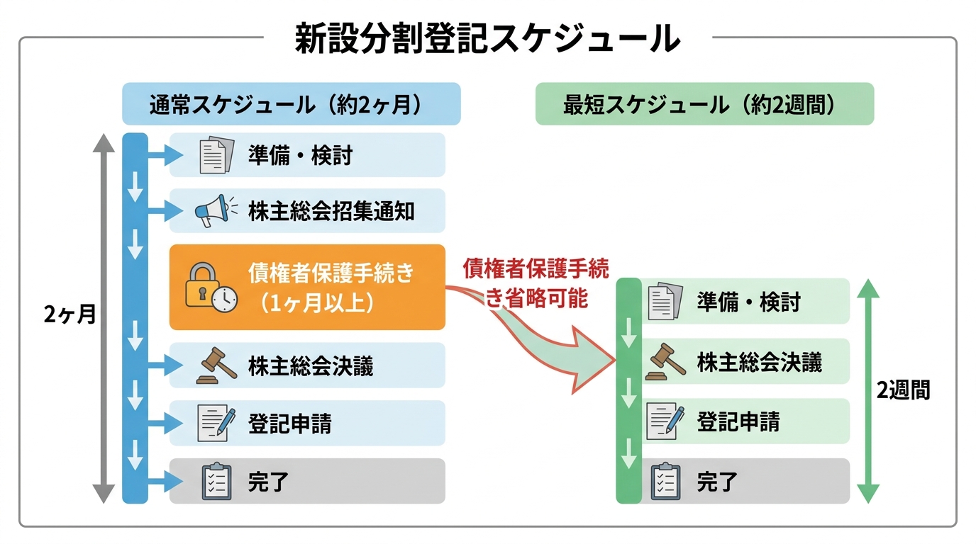 新設分割登記の通常スケジュール(約2ヶ月)と最短スケジュール(約2週間)を比較した図解。最短化の鍵が債権者保護手続きと株主総会の省略にあることを示している。