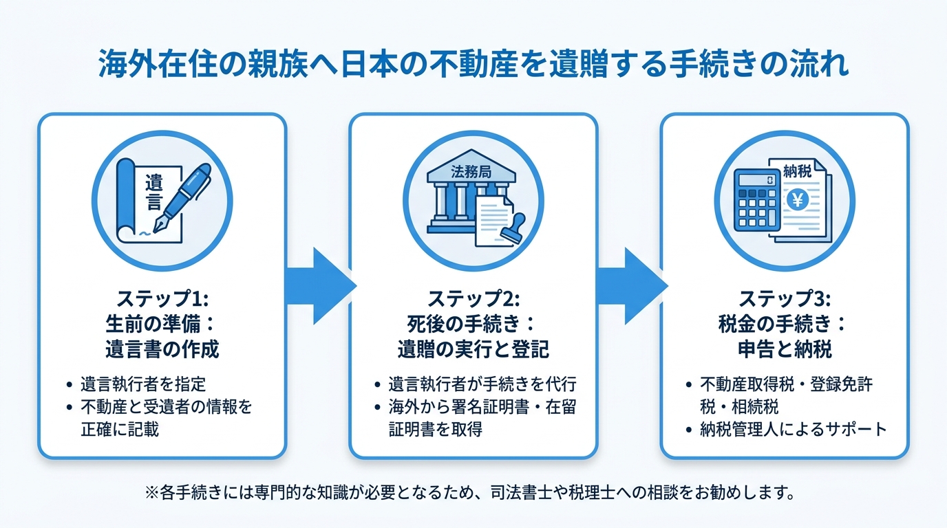 海外在住の外国人親族へ日本の不動産を遺贈するための3ステップを示した図解。ステップ1は遺言書作成、ステップ2は遺贈の実行と登記、ステップ3は税金の申告と納税。