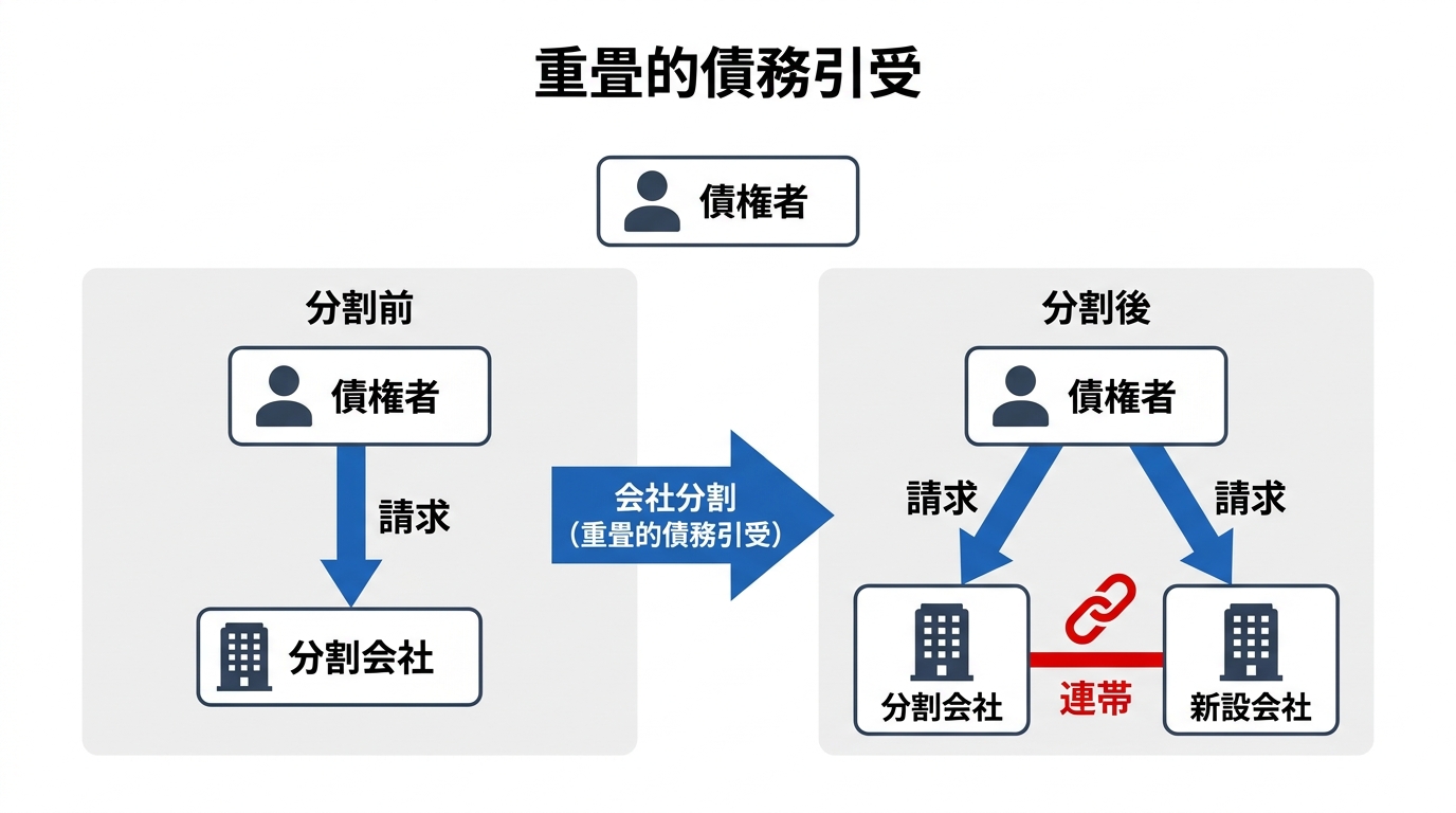 重畳的債務引受の仕組みを図解したもの。債権者は分割後、分割会社と新設会社の両方に債務の履行を請求できることを示している。