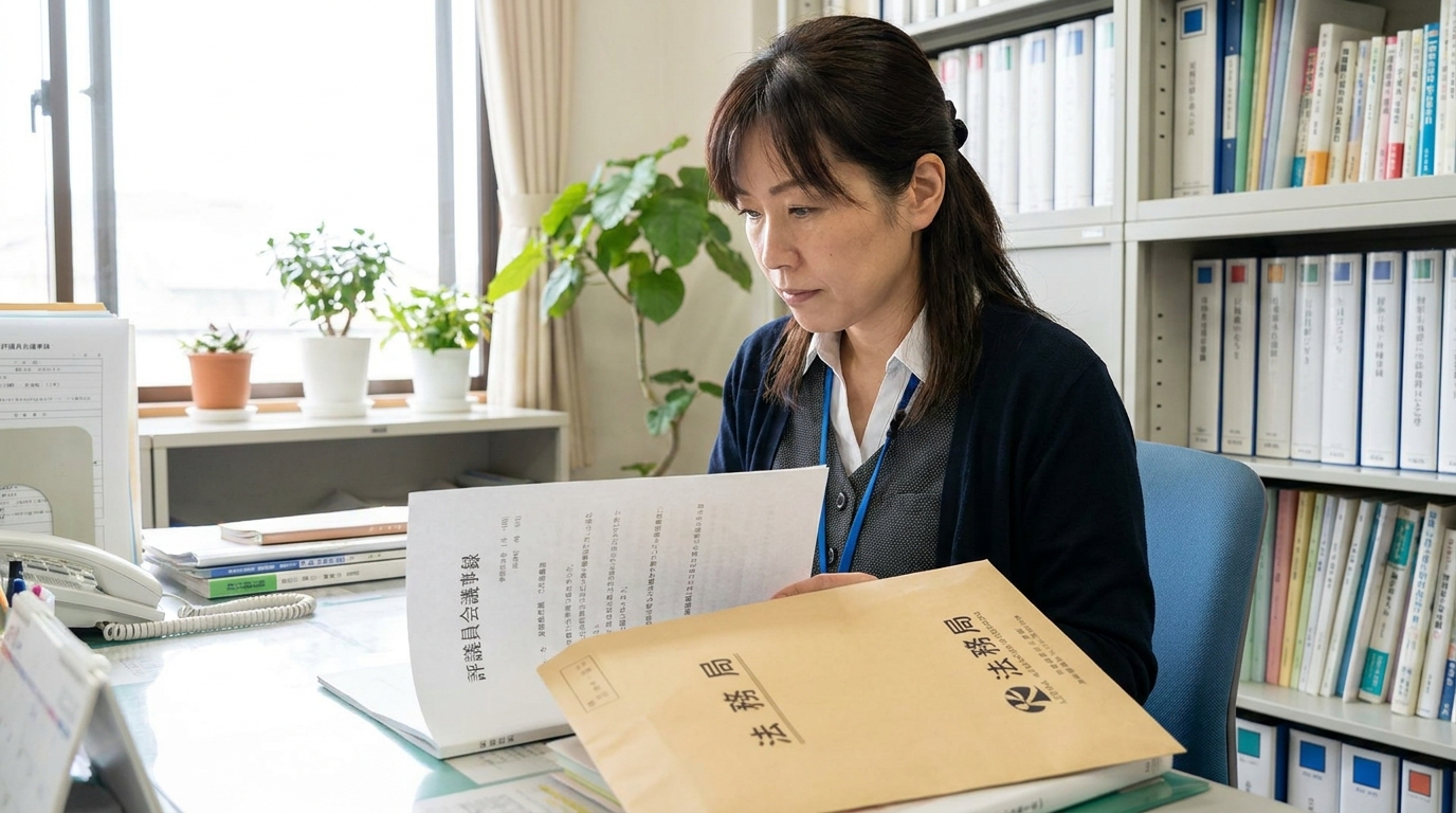 社会福祉法人の事務担当者が、役員変更登記に必要な議事録などの書類を真剣に確認している様子。