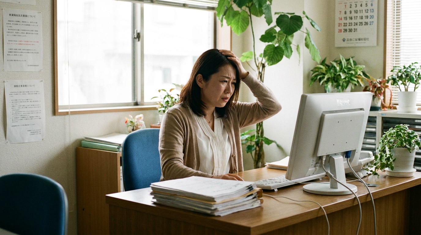 社会福祉法人の資産総額変更登記について、特殊なケースで悩んでいる担当職員の女性。