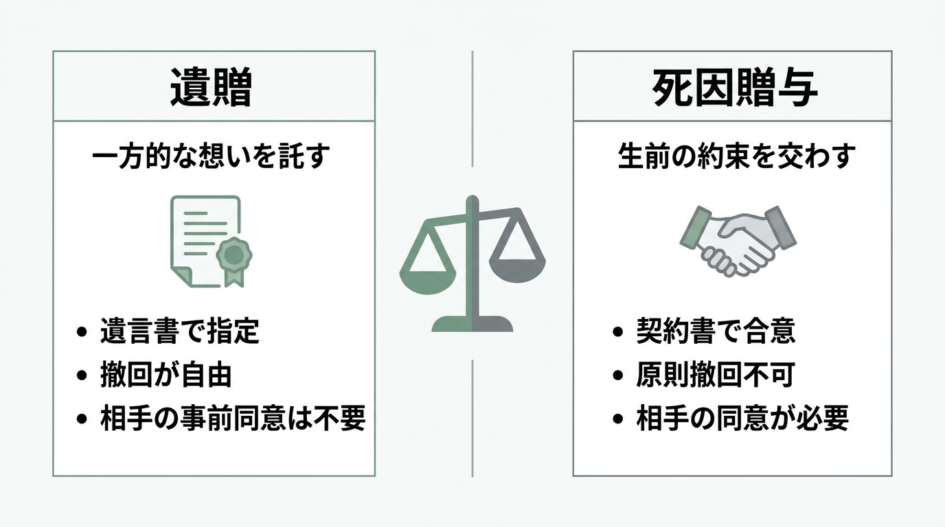 「遺贈」と「死因贈与」の違いを比較した図解。遺贈は一方的な意思表示、死因贈与は双方の合意（契約）であることが示されている。