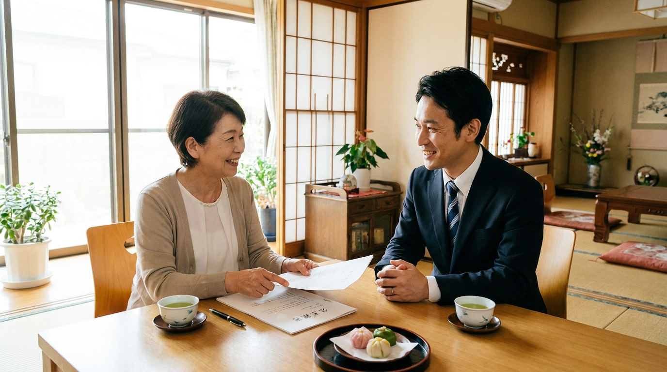自宅のリビングで司法書士に死後の手続きや契約について相談し、安心した表情を浮かべるシニア女性